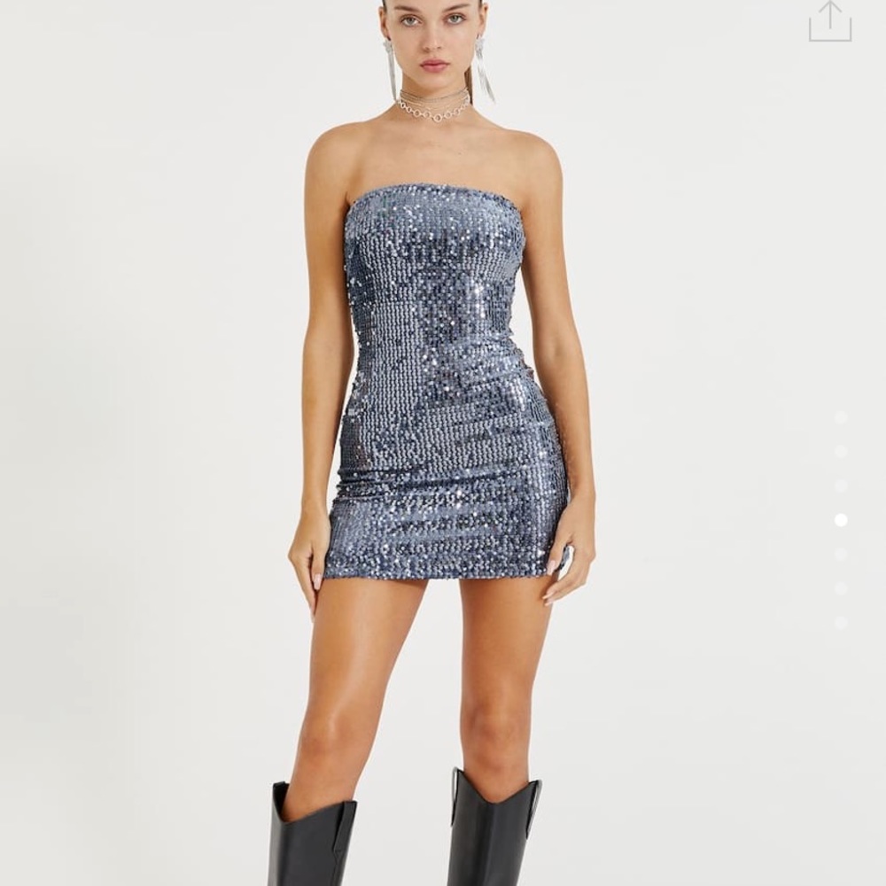 Pull&Bear Strapless Sequin Mini Dress in Metallic Blue
